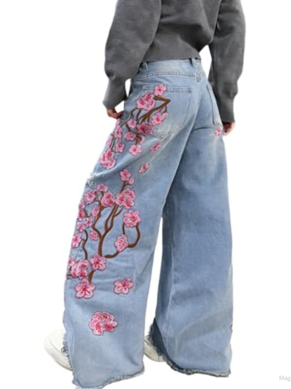 Baggy Wide Leg High Rise Jeans, Loose Denim Pants with Embroidery